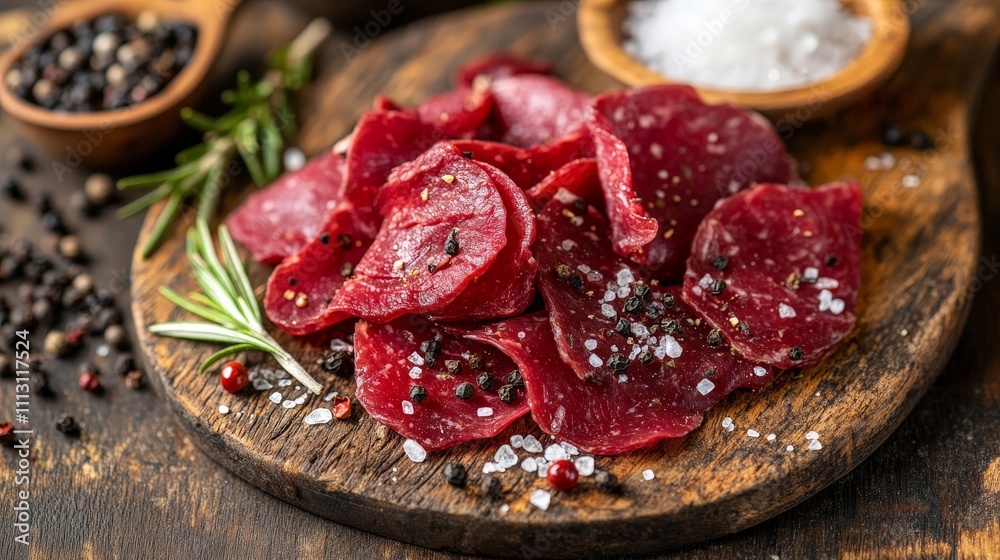 Slices of dried meat arranged on a wooden board with spices and herbs. Slices of dried meat arranged on a wooden board with spices and herbs.