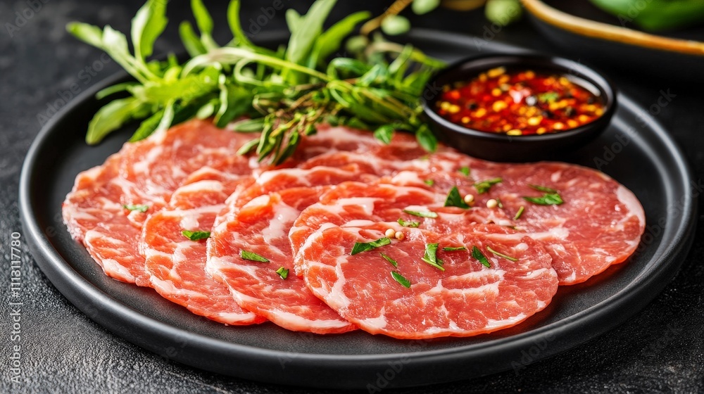 Slices of meat arranged on a plate with herbs and a dipping sauce. Slices of meat arranged on a plate with herbs and a dipping sauce.