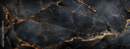 Abstract Black and Gold Marble Texture with Crackled Veins and Glittering Accents