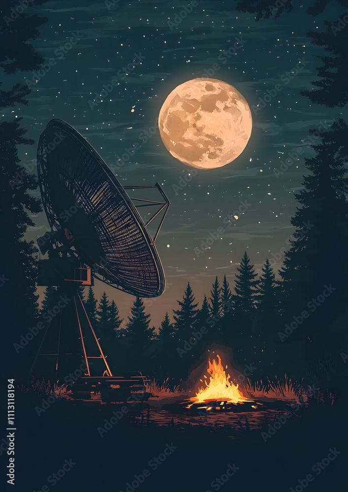 A large satellite dish sits under a full moon in a dark forest, a campfire glowing nearby. Peaceful night scene. A large satellite dish sits under a full moon in a dark forest, a campfire glowing nearby. Peaceful night scene.