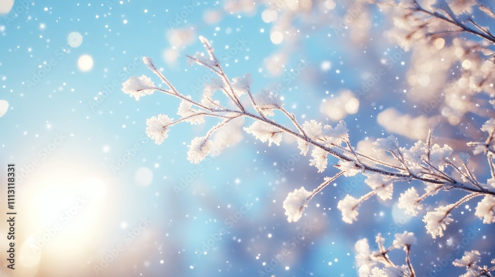 White snow, blue sky background, branches covered with white frost White snow, blue sky background, branches covered with white frost