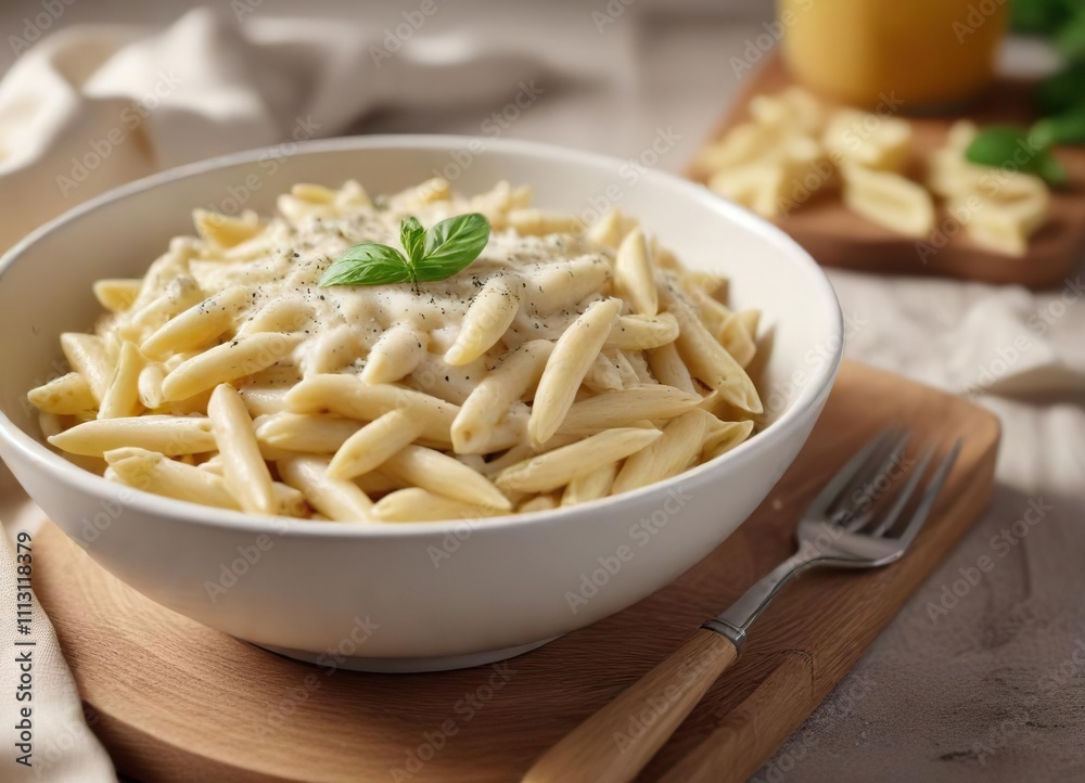 A bowl of creamy alfredo sauce and cooked penne pasta with a sprinkle of parmesan cheese , parmesan, garnish, meal