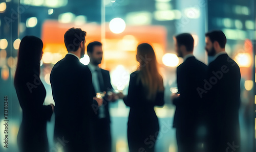 A blurred networking event with business professionals in formal attire, gathered in a modern office or event space, trends, event, trending, Ai