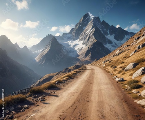 Mountainous Terrain and Road Leading to a Summit, mountainous terrain, hills