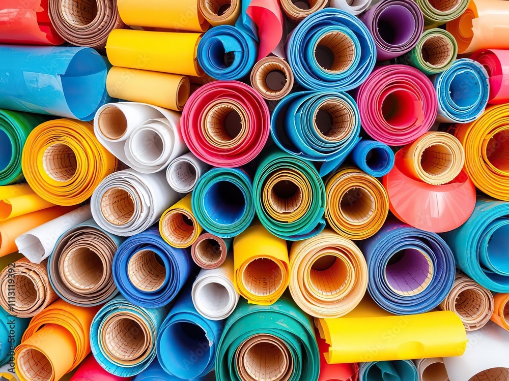 Colorful plastic rolls of paper sheets in a layered pattern, vibrant hues, paper roll design