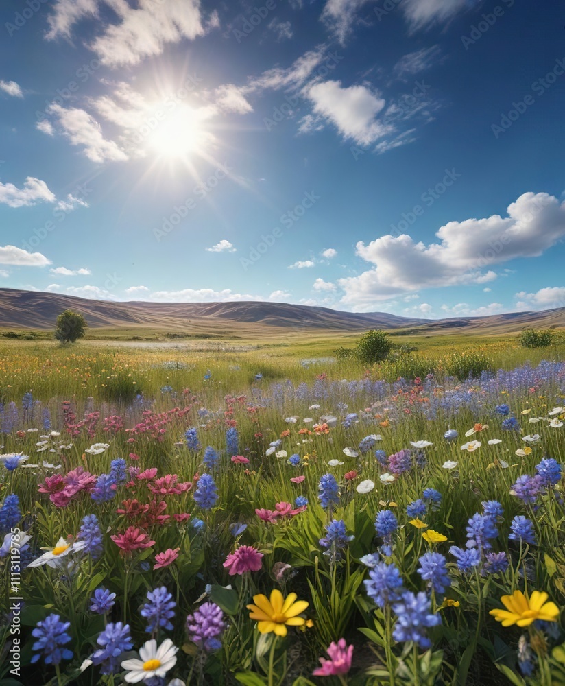 Obraz premium Open field with wildflowers and a bright blue sky , blue sky, flower-filled meadow