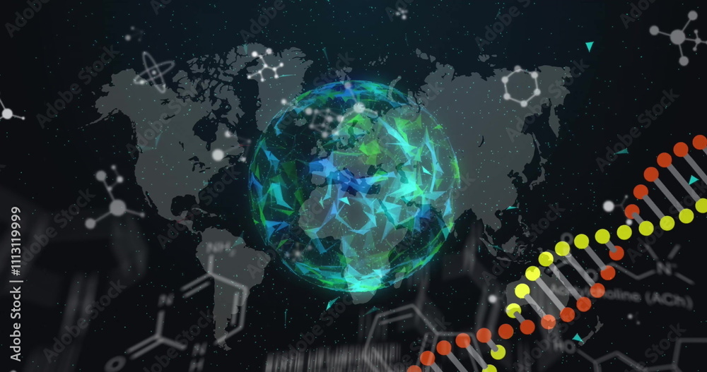Fototapeta premium Image of dna and scientific data processing over globe and world map on black