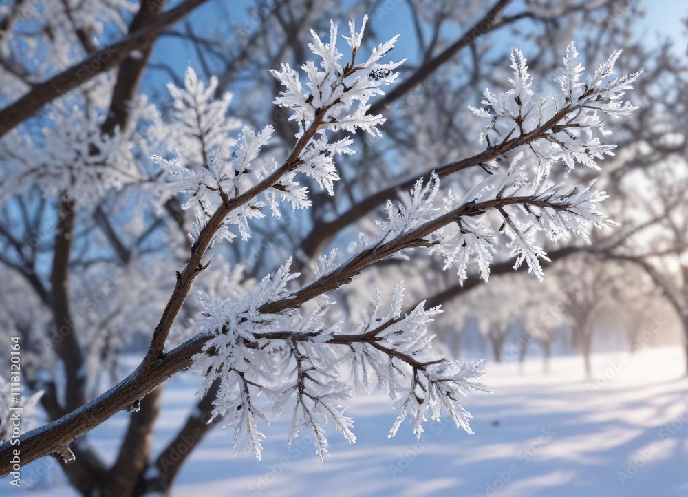 Ice crystals forming a lacy pattern on the twigs of a dormant tree in bud, buds, branches, frost Ice crystals forming a lacy pattern on the twigs of a dormant tree in bud, buds, branches, frost