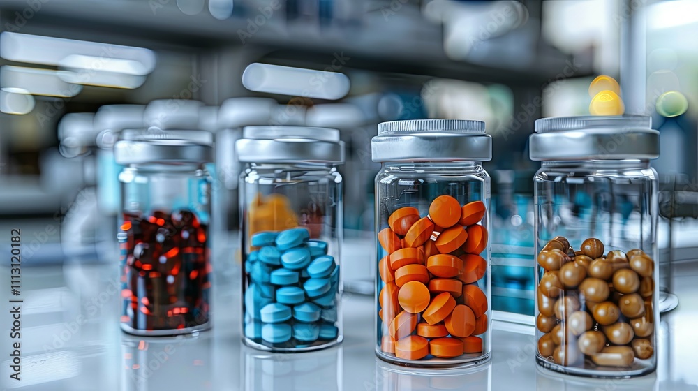 Assorted pills and capsules in glass jars on a laboratory counter Assorted pills and capsules in glass jars on a laboratory counter