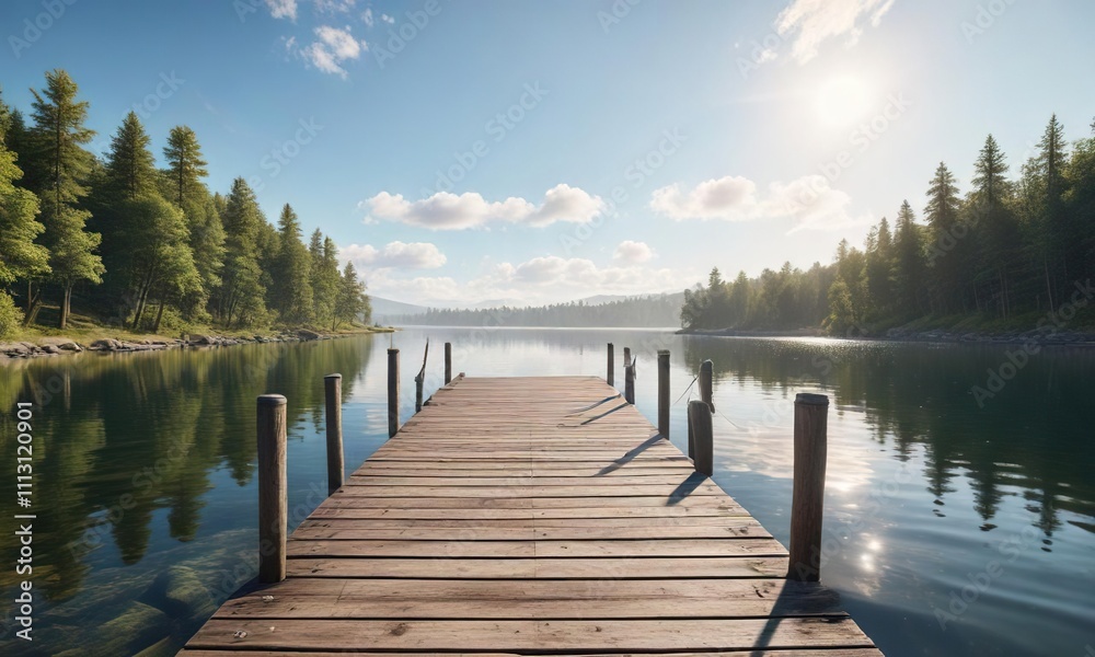 Naklejka premium Pier extending into a serene lake on a sunny day, outdoor scene, water reflection