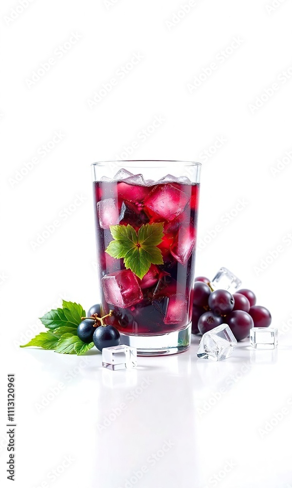 White background with glass of grape juice and ice cubes, white background, translucent liquid, beverage container White background with glass of grape juice and ice cubes, white background, translucent liquid, beverage container
