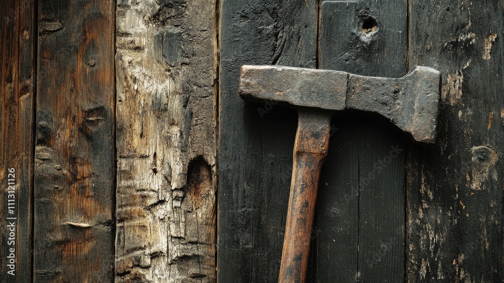 Old, rustic hammer on weathered wooden surface with dark tones Old, rustic hammer on weathered wooden surface with dark tones