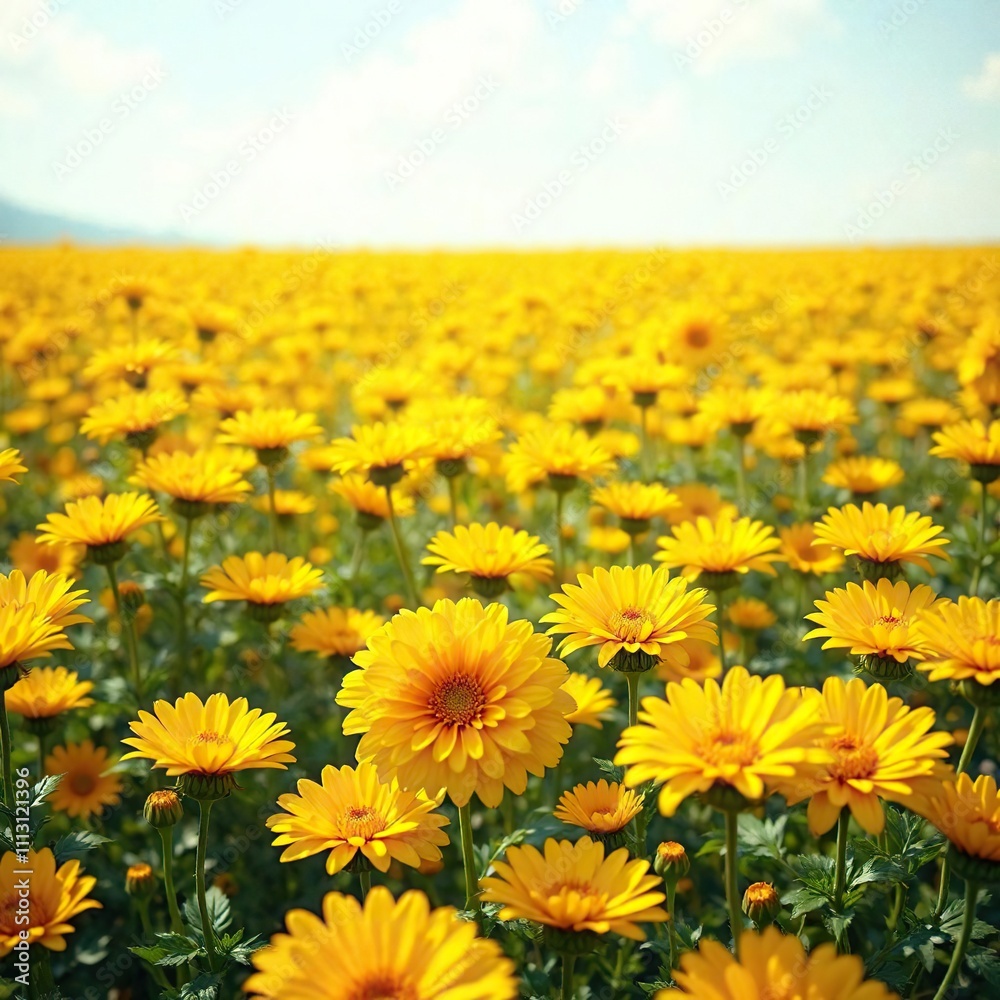 A field of bright yellow chrysanthemum flowers swaying gently in the breeze, gentle, breeze, sunny A field of bright yellow chrysanthemum flowers swaying gently in the breeze, gentle, breeze, sunny