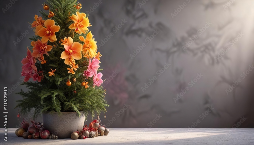 Evergreen fir tree with vibrant orange yellow pink and red orchid decorations, minimalist Christmas decorations, green christmas tree Evergreen fir tree with vibrant orange yellow pink and red orchid decorations, minimalist Christmas decorations, green christmas tree