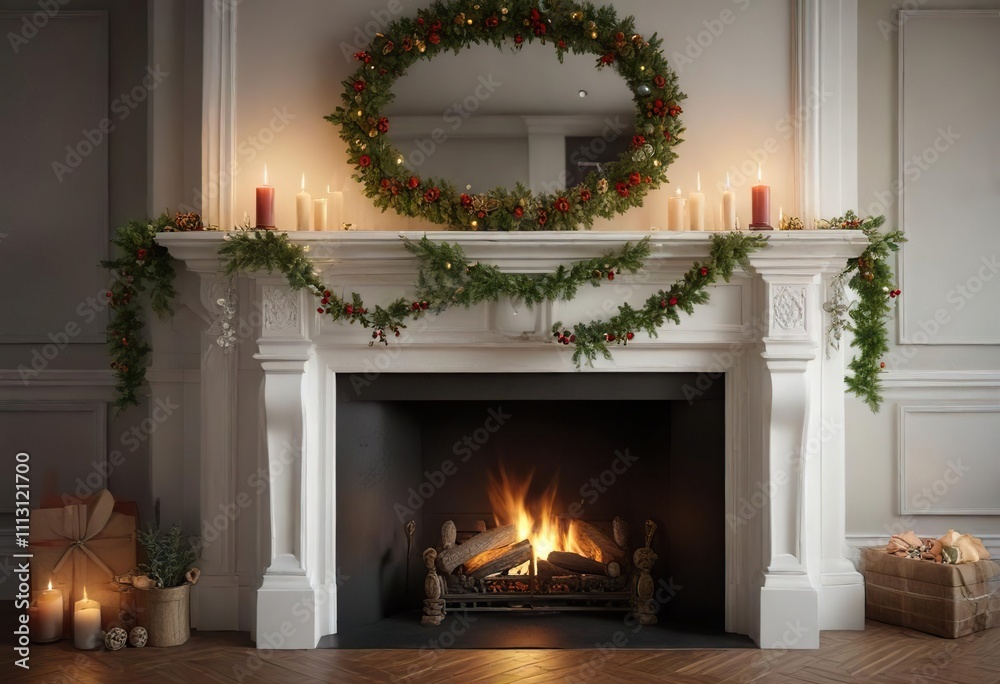 A beautifully decorated mantel with stockings and garland, holiday decor, soft lighting A beautifully decorated mantel with stockings and garland, holiday decor, soft lighting
