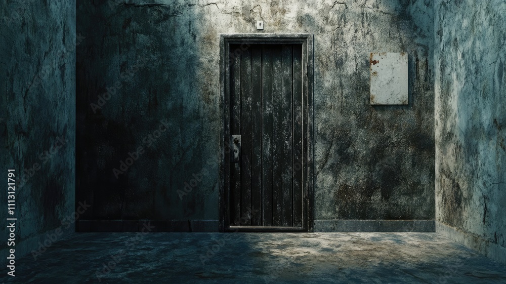 Dimly lit, worn-down room with old door Dimly lit, worn-down room with old door