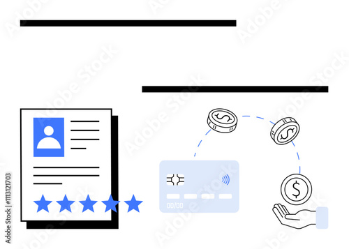 Professional profile document with 5-star rating, credit card icon, and currency coins being transferred. Ideal for finance, banking, online payments, credit rating, e-commerce, employment quality