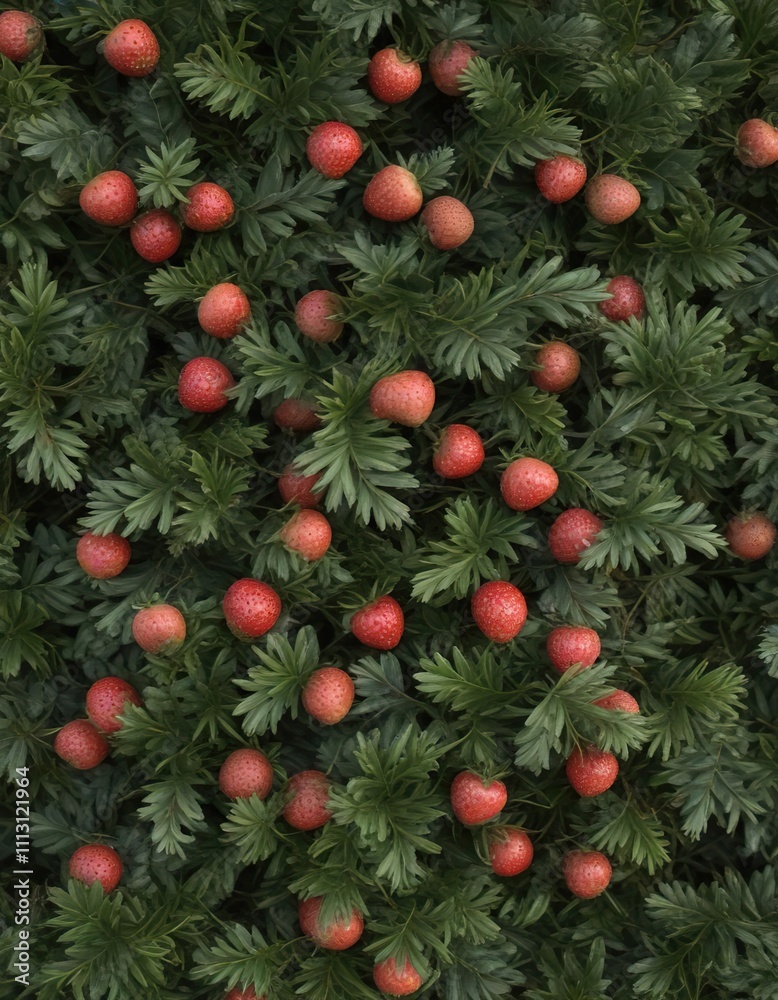 Spruce needles form a natural mulch around a strawberry bush, groundcover, botanical, foliage
