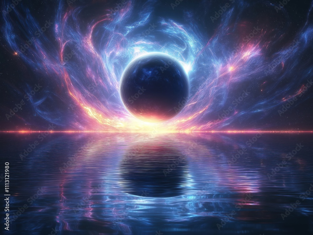 Obraz premium Vast space nebula surrounds planet. Nebulos filaments swirl around celestial body. Reflecting water mirrors cosmic scene. Cosmic view. Celestial space. Energetic colors. Planet at horizon. Water
