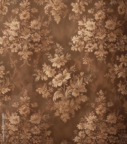 Classic floral pattern on textured brown and tan wallpaper with a vintage feel and ornate details, brown, rustic elegance, classic floral