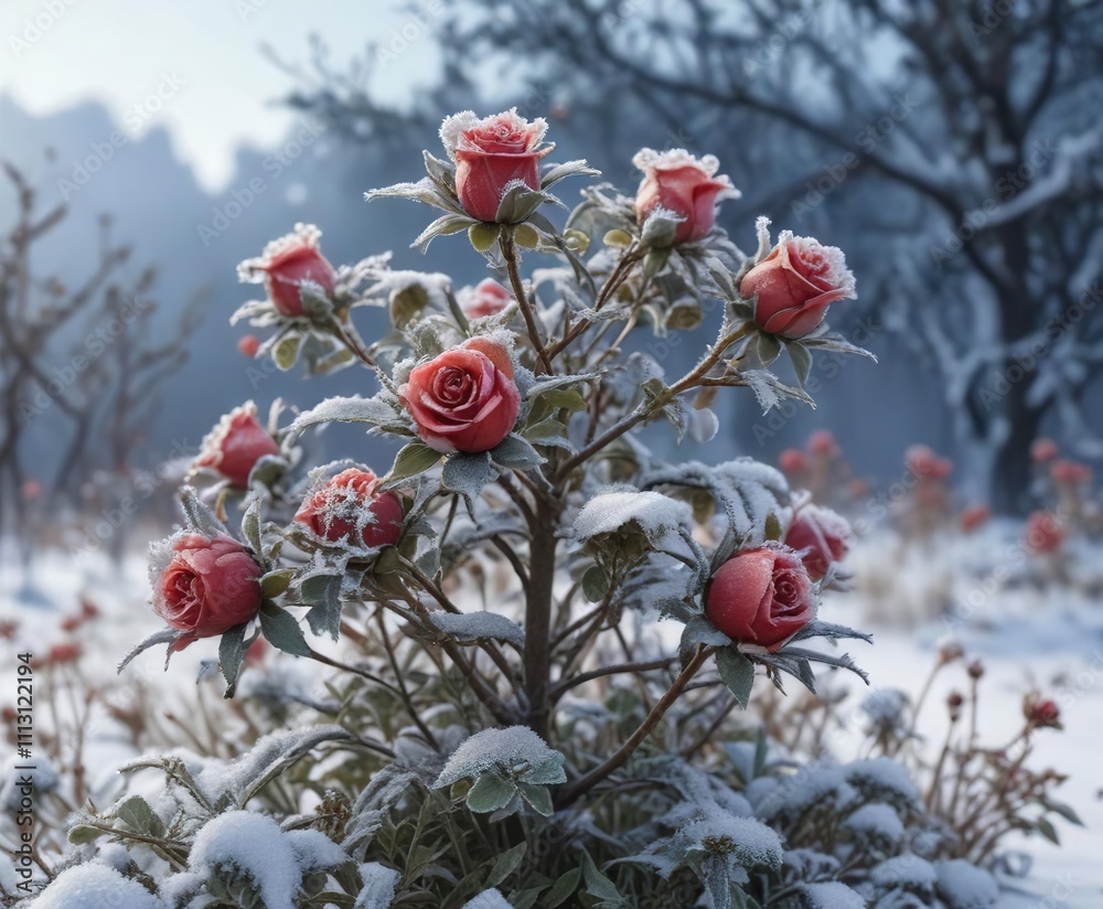 Rose bush with thorns and brambles covered in snow and frost, cold weather, thorny rose Rose bush with thorns and brambles covered in snow and frost, cold weather, thorny rose