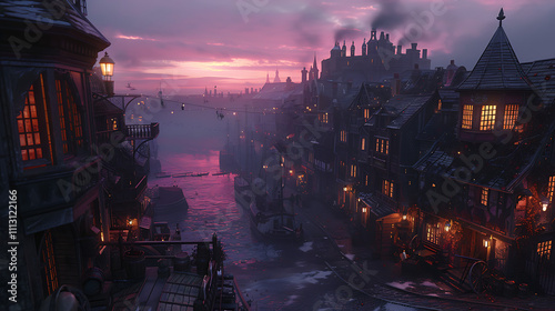 Enchanting Steampunk Cityscape at Sunrise with Vibrant Colors and Atmospheric Lighting, Showcasing Intricate Architecture and Vintage Elements Reflecting on the Water