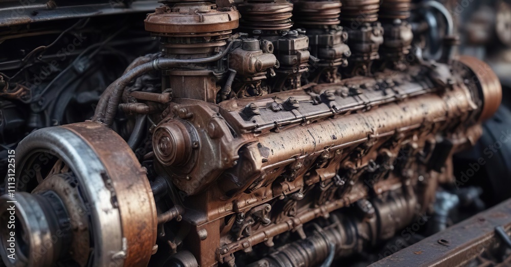 Old car engine with rusted parts and scratches , dirty engine, worn down, damaged engine