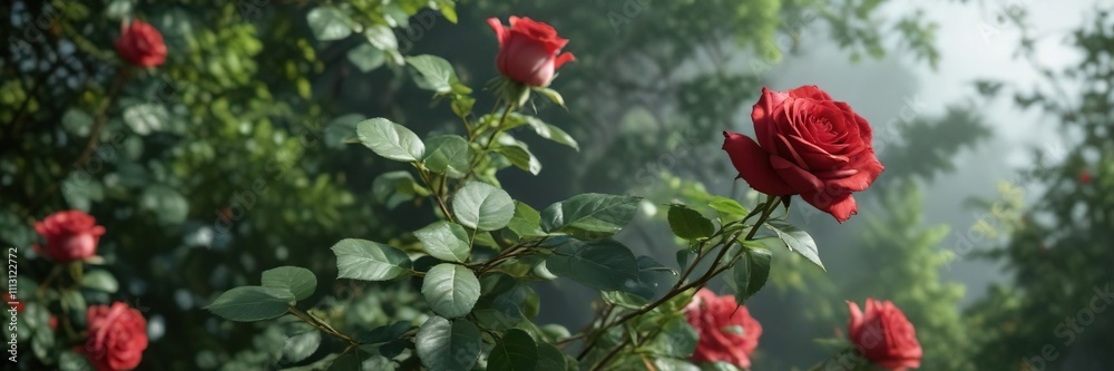 Red rose in full bloom on a leafy stem with surrounding leaves, flower, branch, petal Red rose in full bloom on a leafy stem with surrounding leaves, flower, branch, petal