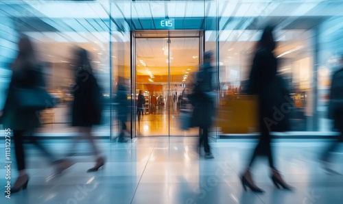 Motion blur of people walking in the morning rush hour, busy modern life, Ai