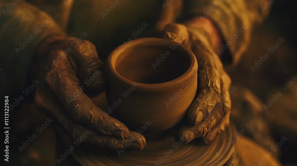 A person shaping a clay pot on a pottery wheel, showcasing craftsmanship and creativity. A person shaping a clay pot on a pottery wheel, showcasing craftsmanship and creativity.