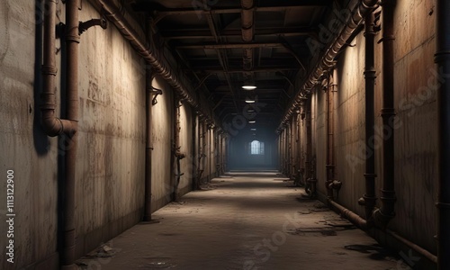 A dimly lit corridor with old pipes and rusty metal fixtures lined along its length, rusty fittings, pipe-lined hallway, worn infrastructure