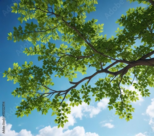 A sturdy tree branch, adorned with vibrant green leaves, stretches out against the brilliant blue of the sky, with subtle shadows, outdoor scene, rugged beauty