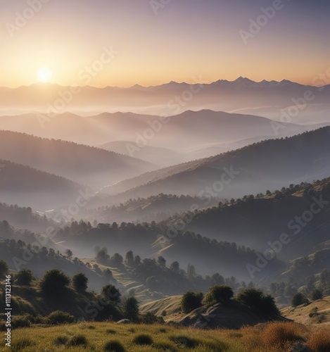 Sunrise over the Himalayas from Chail with misty valleys, valley, India, landscape photography photo