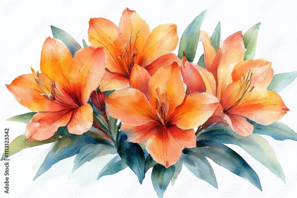 Obraz premium A vibrant watercolor painting of orange lilies surrounded by green leaves.
