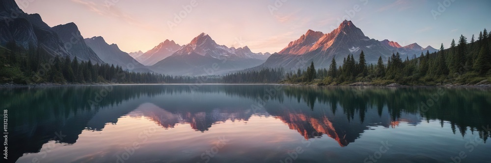 Serene lake waters reflecting a majestic mountain peak at dawn, outdoor scene, atmospheric photography Serene lake waters reflecting a majestic mountain peak at dawn, outdoor scene, atmospheric photography
