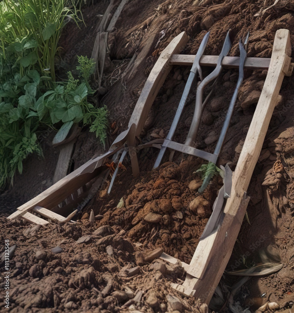 Fototapeta premium A pitchfork is inserted into the side of a large compost pile, soil amendment, outdoor scene