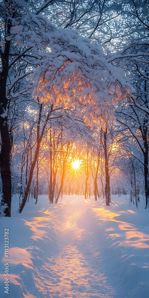 A serene winter scene featuring a sunlit pathway through a snow-covered forest, with vibrant orange sunlight filtering through frosted trees. The atmosphere feels tranquil and magical. A serene winter scene featuring a sunlit pathway through a snow-covered forest, with vibrant orange sunlight filtering through frosted trees. The atmosphere feels tranquil and magical.