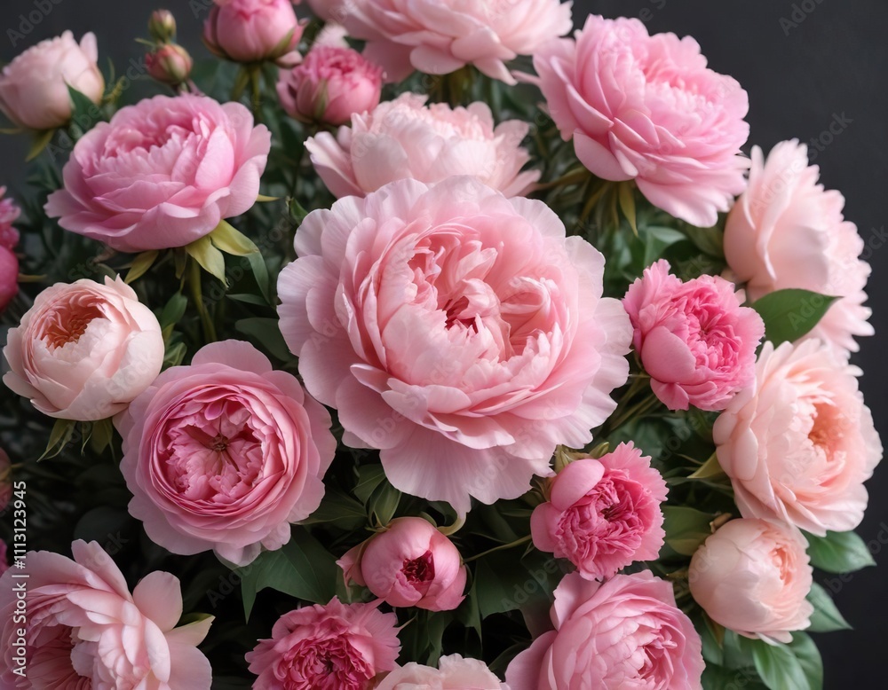 Fototapeta premium Beautifully arranged bouquet of pink roses, peonies, and carnations, carnations, beautiful, pink