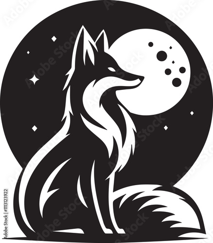 A cute fox sitting gazing at the moon silhouette vector