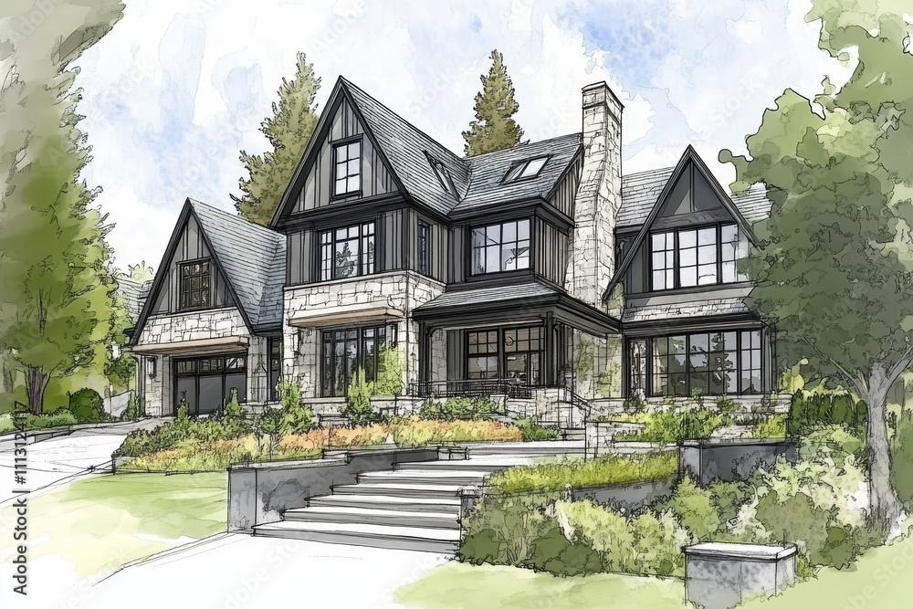 Artistic hand-drawn modern landscapes blending oriental and European influences, featuring vibrant colors and dynamic design
