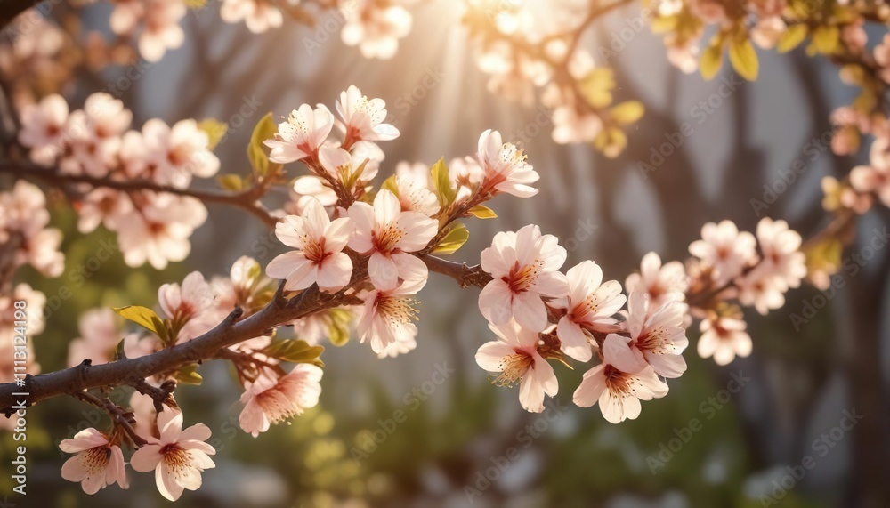 Soft focus on blooming apricot branches against a warm sunlight , greenery, botanical details Soft focus on blooming apricot branches against a warm sunlight , greenery, botanical details