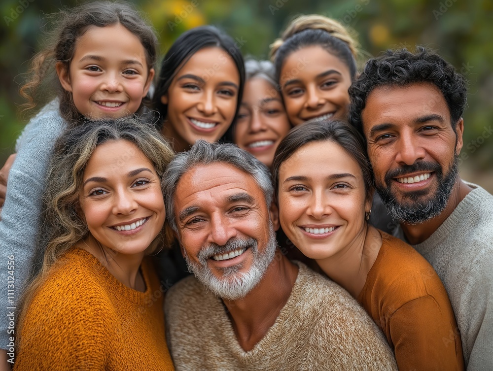Fototapeta premium Large family group smiles outdoors. Diverse generations happy together. Multi-cultural family members. Grandparents parents children, relatives create warm atmosphere. People look friendly, joyful.