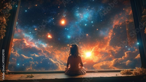 Girl sits by window gazing at surreal galactic view from train journey. Fantasy landscape anime girl watches stars. Galaxy space clouds animated, vivid colors. Modern manga style illustration showing photo