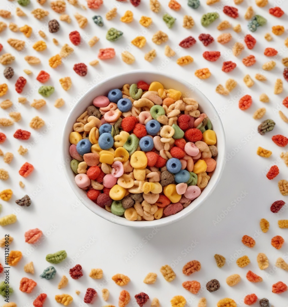 Colorful cereal bowl filled with a variety of brightly colored cereals on a clean white background , white background, healthy eating, colorful cereal bowl Colorful cereal bowl filled with a variety of brightly colored cereals on a clean white background , white background, healthy eating, colorful cereal bowl