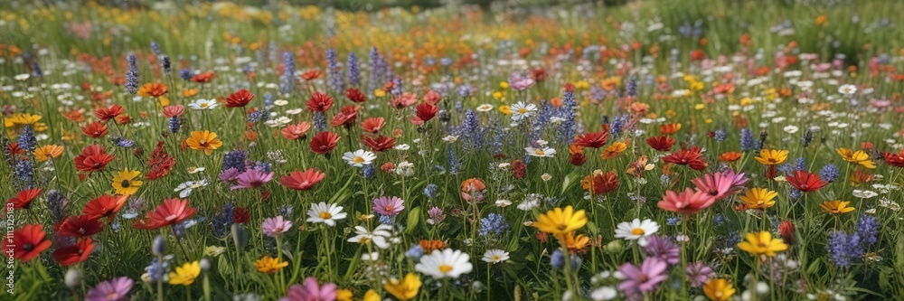 Obraz premium A bright and cheerful meadow filled with a variety of colorful wildflowers, red, cornflower