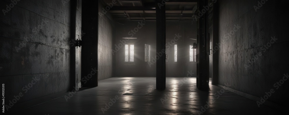 Empty prison cell block lit only by a sliver of light through the open door, empty cell walls, cold darkness Empty prison cell block lit only by a sliver of light through the open door, empty cell walls, cold darkness