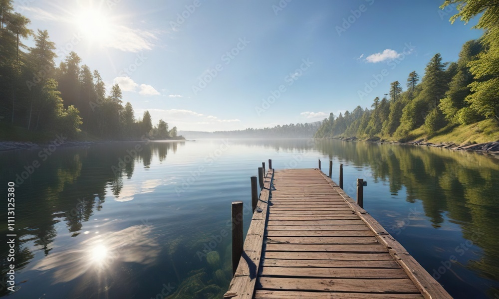 Pier extending into a serene lake on a sunny day, serene lake, outdoor scene Pier extending into a serene lake on a sunny day, serene lake, outdoor scene
