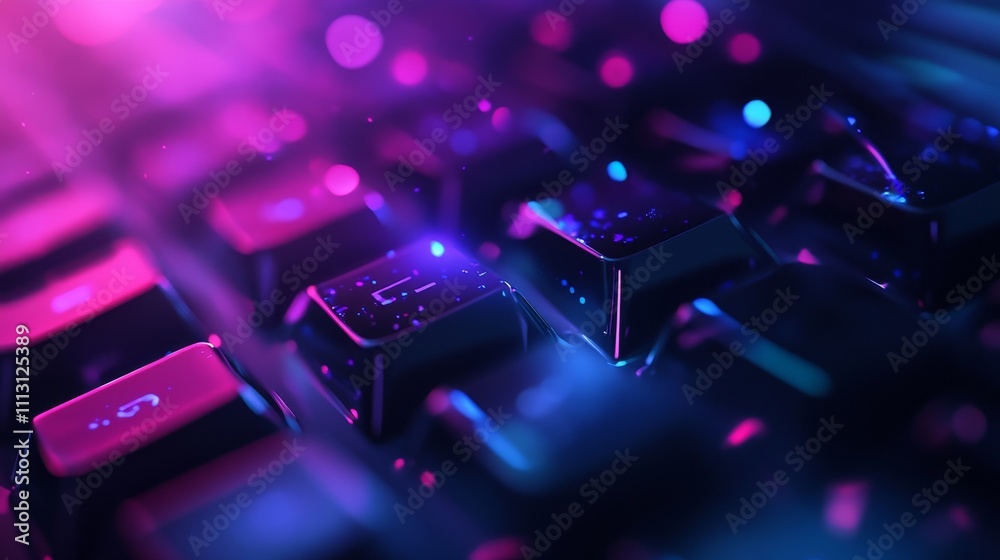 Fototapeta premium Colorful keyboard close-up with glowing keys.
