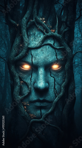 Horror, A mystical tree with a face, featuring glowing orange eyes, intertwined with roots and branches, evoking an eerie atmosphere in a dark forest.