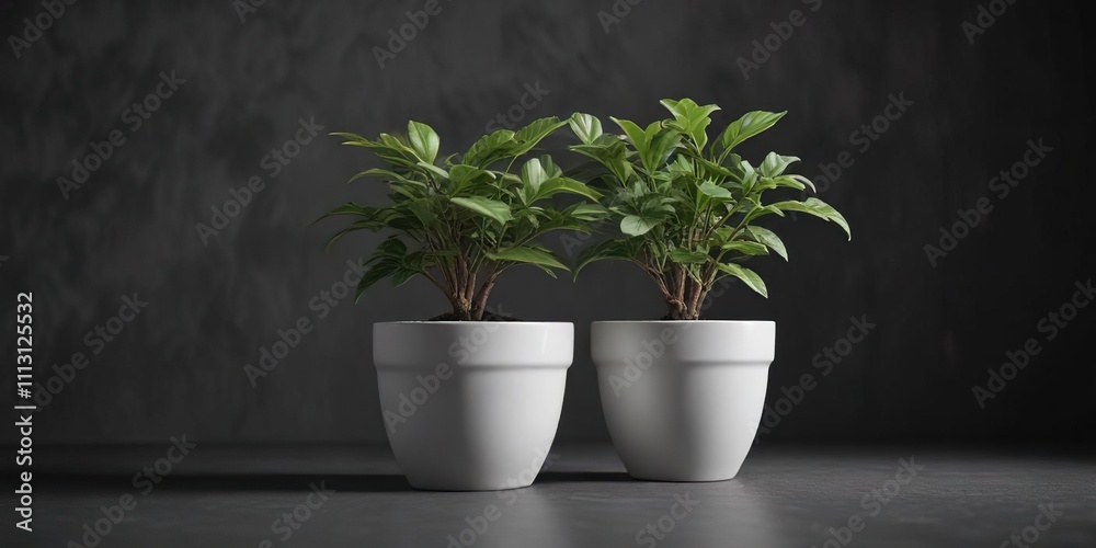 Fototapeta premium A small potted plant in a small white ceramic pot sits on a dark grey-colored background with a single spotlight shining down on the plant , white pot, grey wall